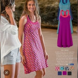 Prana Cali Pink Purple Printed Racerback Dress With Built In Shelf Padded Bra